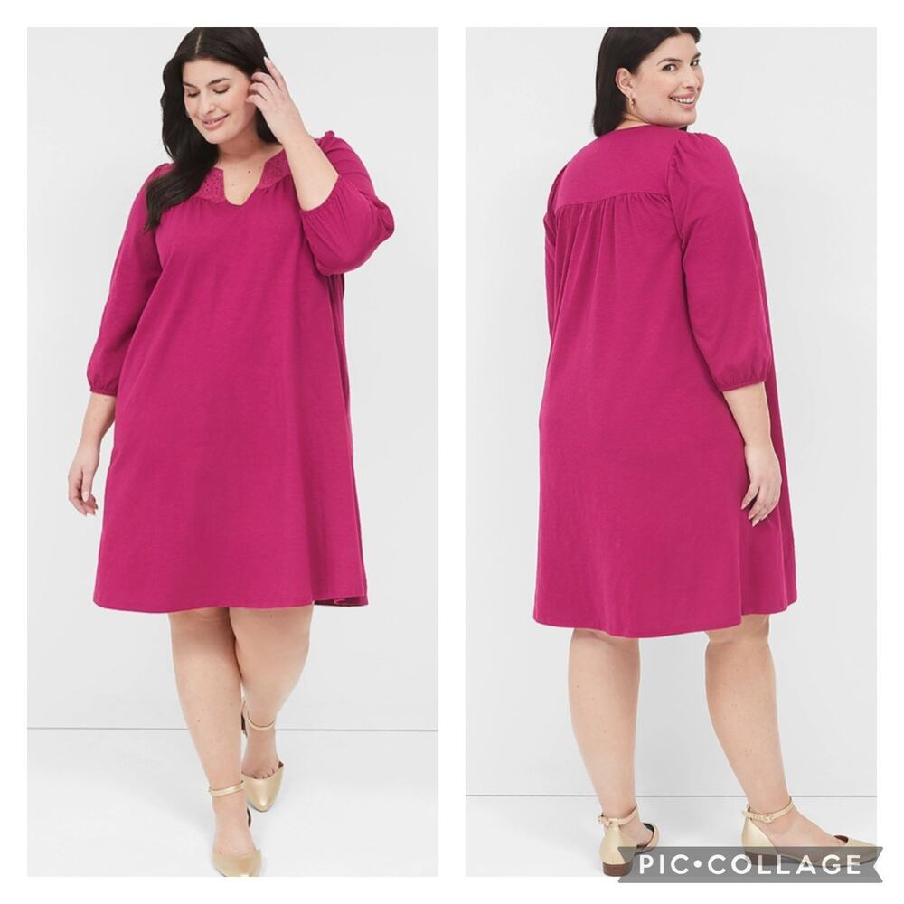 Lane Bryant Fuchsia Pink 3/4 Sleeve Eyelet Cotton Swing Dress Size 14/16